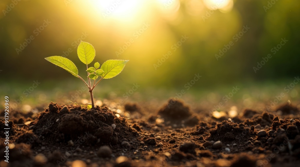 A new beginning is hinted at as a plant rises with the sun's first light A new beginning is hinted at as a plant rises with the sun's first light