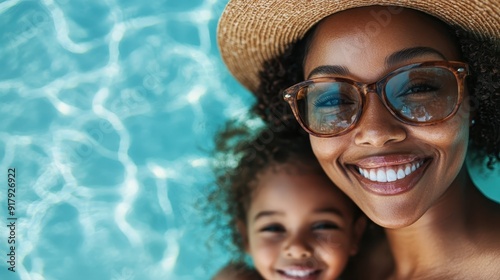 A delighted woman in a hat and glasses poses with a cheerful child by a pool, showing familial joy and leisurely summer moments spent together in a bright, fun setting.