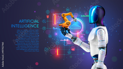 AI management work robots on factory. Humanoid robot with artificial intelligence or AI controls robotics arms on factory or manufacture. Industry 4.0. AI technology in industrial revolution. Concept