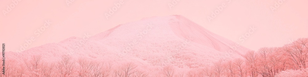 Obraz premium Dreamy Pink Mount Fuji Landscape: Majestic Peak Surrounded by Blooming Cherry Blossoms in Anime-Style Illustration. Blending Winter Snow and Spring Revival for Creative Marketing, Book Art, and Cultur
