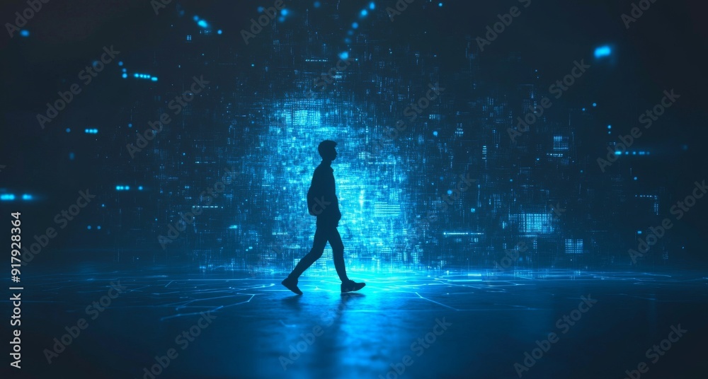 Innovative AI Concept Art: A Silhouette Walks Through the Knowledge Graph, Integrating AI with Text Classification and Sentiment Analysis in a High-Tech Blue Light Ambiance. Innovative AI Concept Art: A Silhouette Walks Through the Knowledge Graph, Integrating AI with Text Classification and Sentiment Analysis in a High-Tech Blue Light Ambiance.