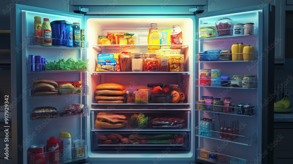 Fully stocked refrigerator with various food and beverage items, illuminated brightly in a modern kitchen setting.