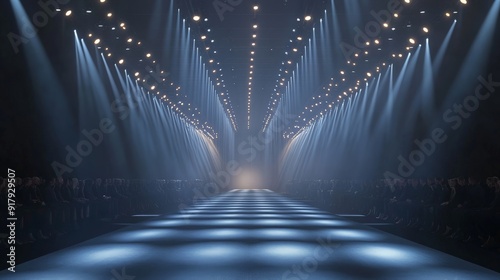 Glamorous runway fashion show with dramatic lighting and empty catwalk stage, perfect for showcasing high-end fashion and modern design. photo