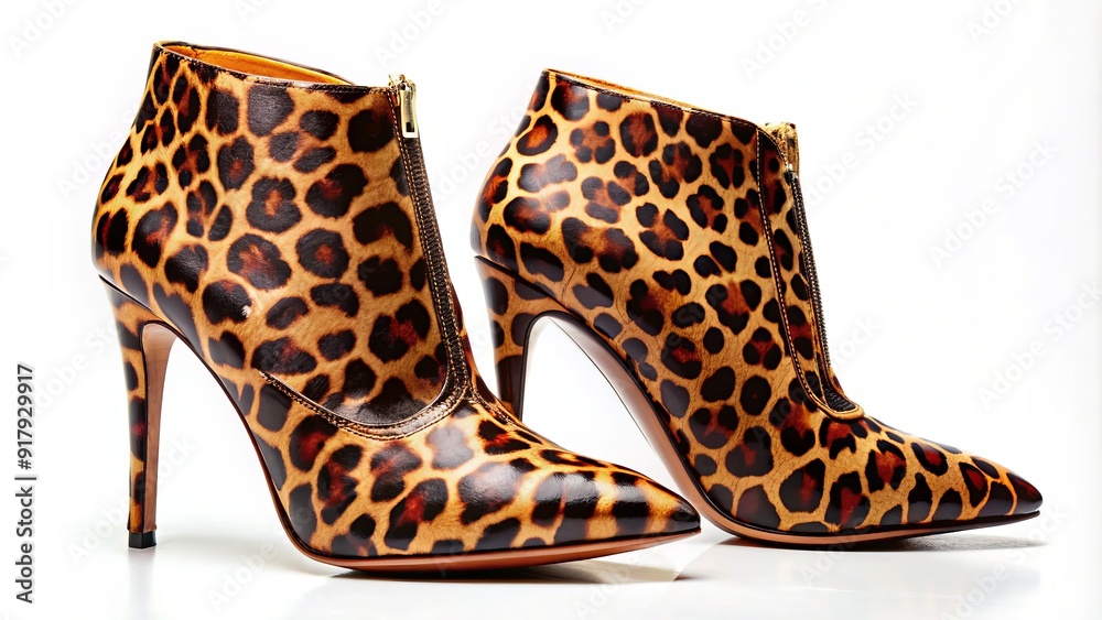 Obraz premium Vibrant leopard print ankle boots with stiletto heels and pointed toes, sitting on a white background, showcasing bold fashion and statement footwear.