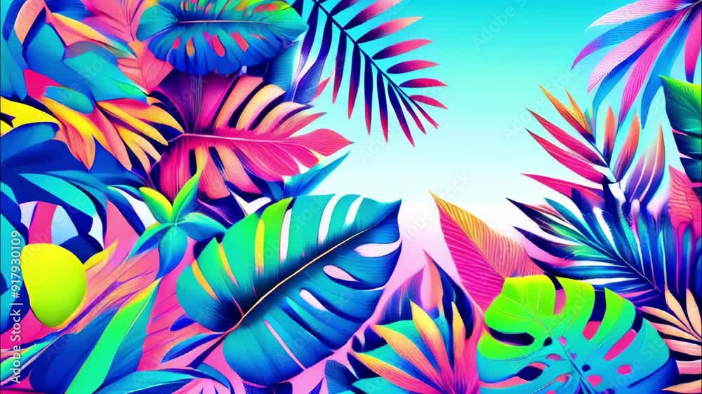 Vibrant, multicolored tropical leaves arranged on a bright background. Ideal for businesses focused on summer, tropical themes, or creative design. Concept: tropical, vibrant, summer. Vibrant, multicolored tropical leaves arranged on a bright background. Ideal for businesses focused on summer, tropical themes, or creative design. Concept: tropical, vibrant, summer.