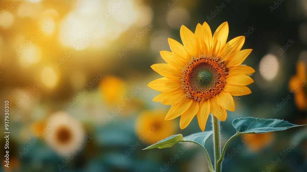 Fototapeta premium Blooming Beauty: Tiny Flowers at the Base of Towering Sunflower in Sunny Garden - Close-up Shot with Bright Empty Space for Text