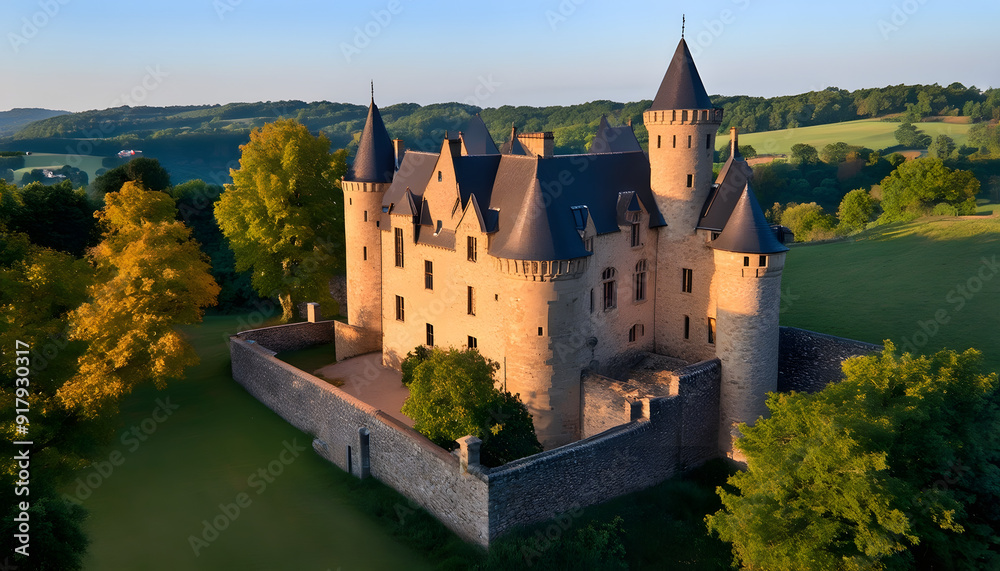 Obraz premium Majestic Castle Surrounded by Lush Greenery at Sunset in a Scenic Landscape