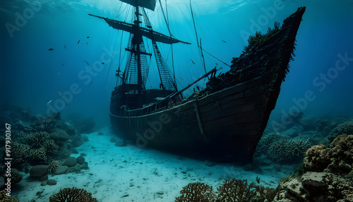 Mysterious Sunken Shipwreck Surrounded by Coral on the Ocean Floor