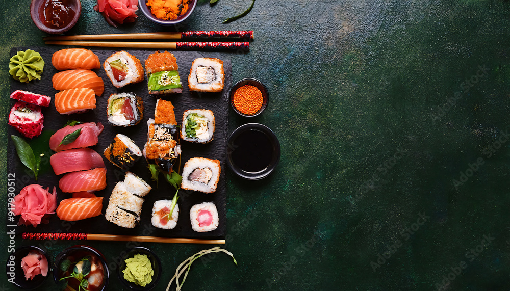 Flatlay. Copy space. A set of sushi against a dark chalkboard background. Flatlay. Copy space. A set of sushi against a dark chalkboard background.