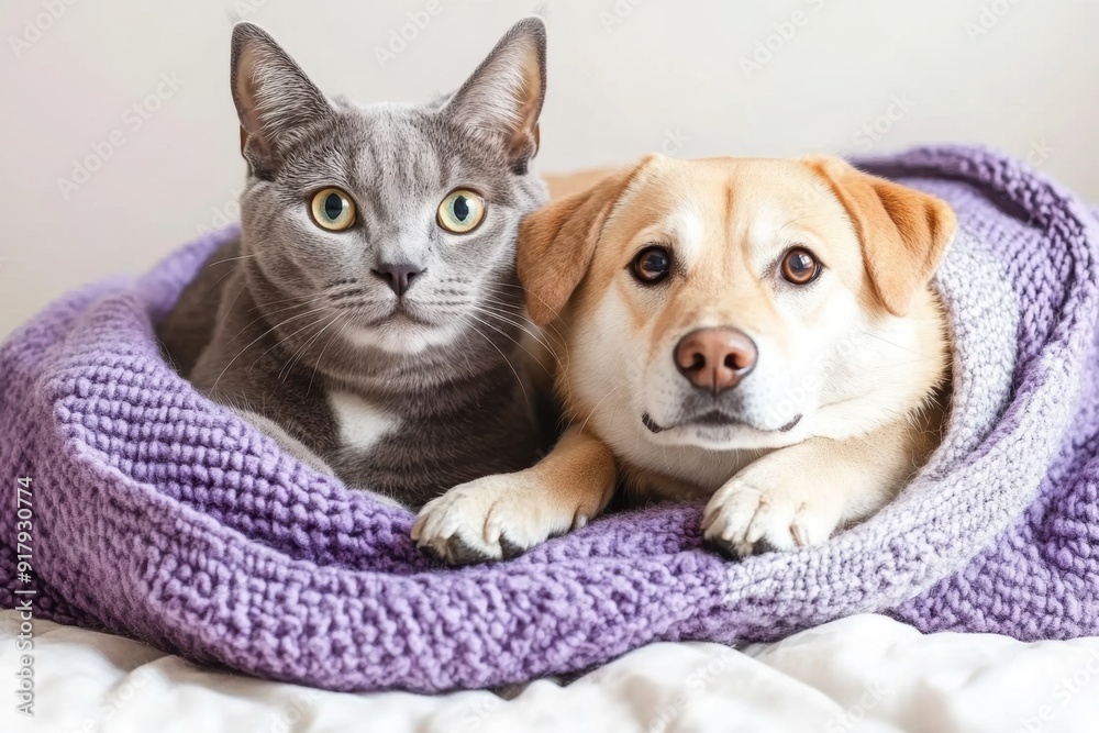 Adorable cat dog cuddling in cozy knit blanket Adorable cat dog cuddling in cozy knit blanket