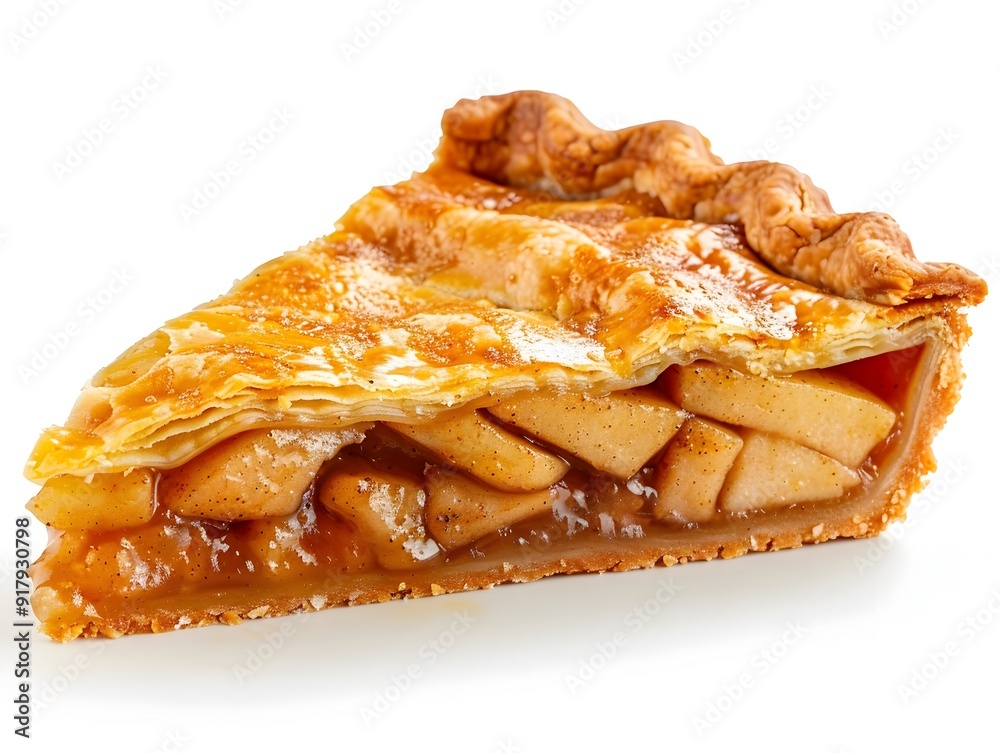 Mouth Watering Slice of Classic Homemade Apple Pie with Flaky Crust on White Background
