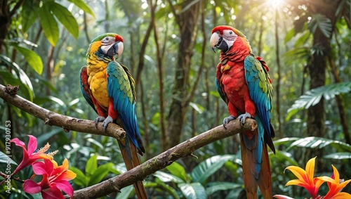 Tropical Rainforest Paradise Colorful Parrot Perched on Branch