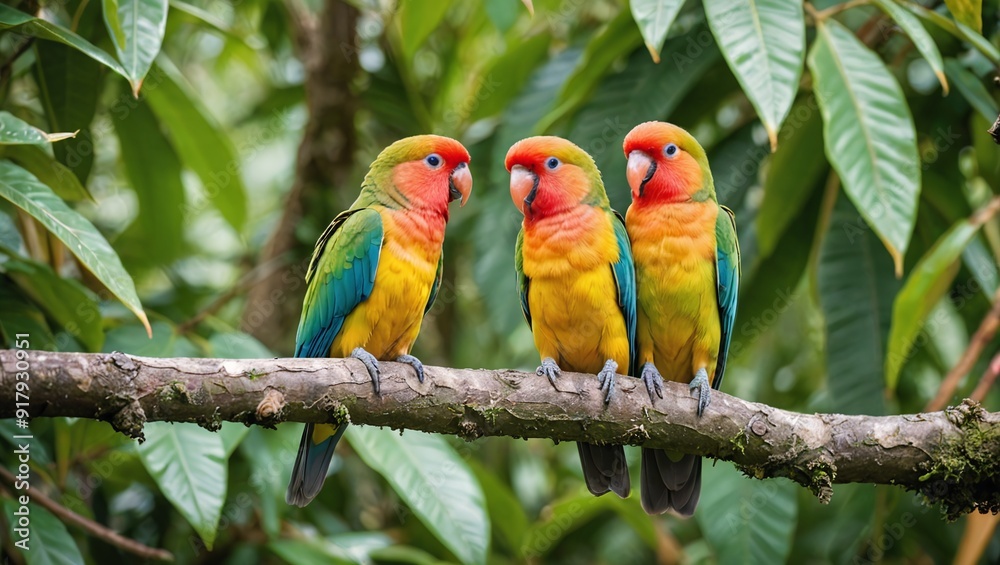 Obraz premium Tropical Lovebirds Perched on Lush Tree Branch Nature Photography