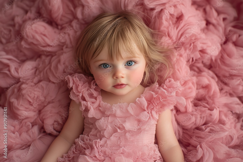 Adorable toddler girl in pink ruffled dress with expressive blue eyes Adorable toddler girl in pink ruffled dress with expressive blue eyes