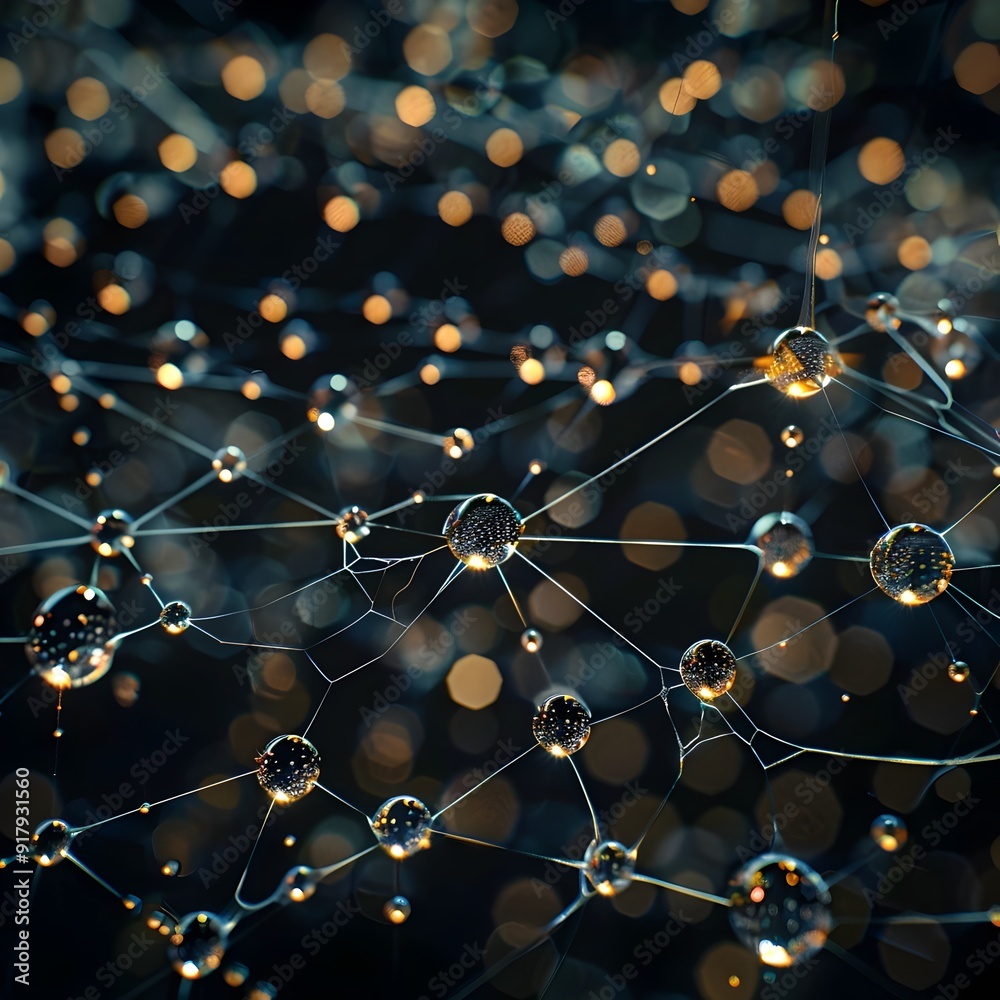 Obraz premium Intricate Dew Covered Spider Web with Reflections and Patterns in Macro Photography