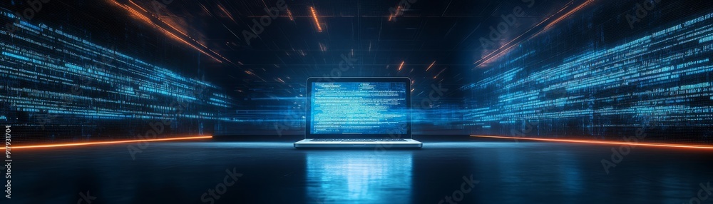 Futuristic Technology Comparison - Holographic Laptop vs. Desktop Computer with Empty Space for Text Futuristic Technology Comparison - Holographic Laptop vs. Desktop Computer with Empty Space for Text