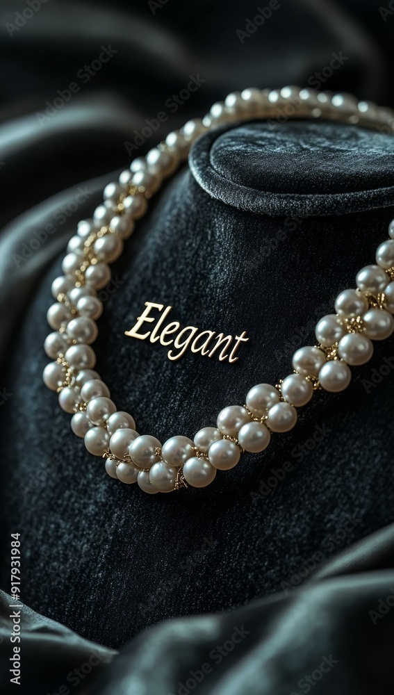 Elegant Cursive Gold Text with Pearl Necklace on Velvet Cushion in Jewelry Store Background for Timeless Design. Elegant Cursive Gold Text with Pearl Necklace on Velvet Cushion in Jewelry Store Background for Timeless Design.
