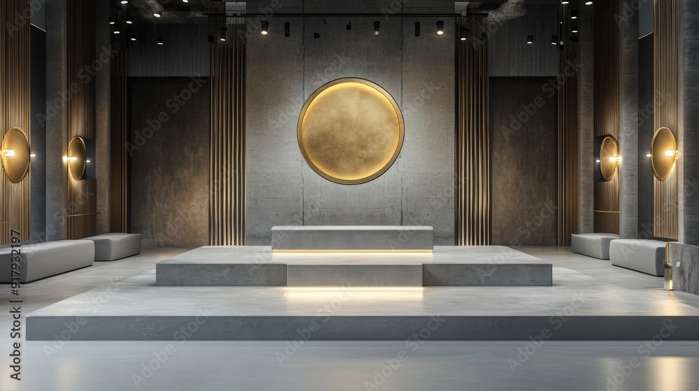 Modern minimalistic interior of a hall with a large gold circular artwork on the wall, soft lighting, and sleek design elements. Modern minimalistic interior of a hall with a large gold circular artwork on the wall, soft lighting, and sleek design elements.