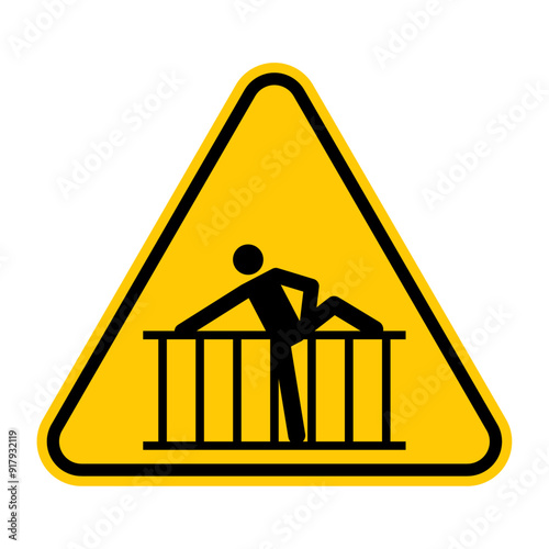 Barrier warning sign. Vector illustration of yellow triangle sign with man crossing fence icon inside. Restriction area. Dangerous zone. Safety warning. Cross barrier symbol.
