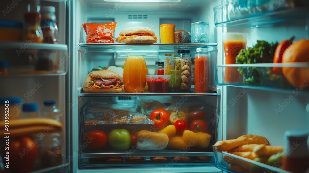Open refrigerator filled with assorted groceries including fruits, vegetables, beverages, and sandwiches, all neatly organized on shelves. Open refrigerator filled with assorted groceries including fruits, vegetables, beverages, and sandwiches, all neatly organized on shelves.