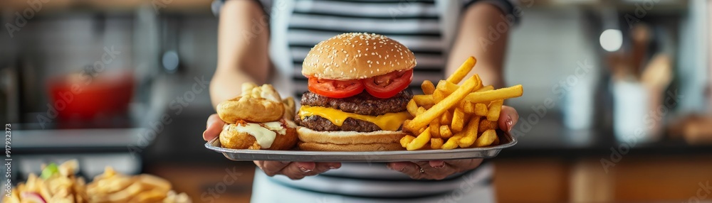 Person holding a delicious burger with fries, showcasing a tasty meal in a kitchen setting. Perfect for food, dining, and culinary related themes. Person holding a delicious burger with fries, showcasing a tasty meal in a kitchen setting. Perfect for food, dining, and culinary related themes.