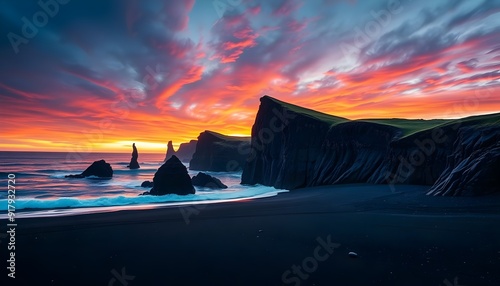 Sunset Over Reynisdrangar Cliffs in the Atlantic Ocean