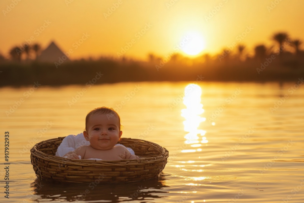 Fototapeta premium Serene Moses in a Basket Afloat on the Nile at Sunset, with the Egyptian Pyramids in the Background - A Scene of Tranquility Nurtured by the River.