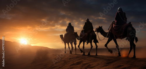 Three Kings on Desert at Sunset
