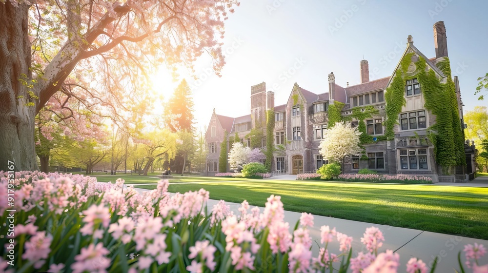 Obraz premium Historic university building, ivy-covered walls, blooming spring flowers, tranquil campus, soft morning light, panoramic view, high definition, timeless academic charm