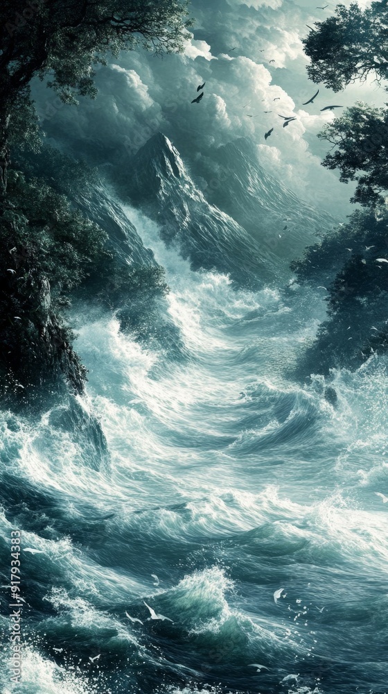Fototapeta premium Anime-Style Winter Wilderness: Turbulent Rapids and Rugged Rocks in Wild River Landscape. Nature's Raw Symphony Blending Winter Wonderland and Holiday Spirit. Perfect for Creative Marketing, Book Illu