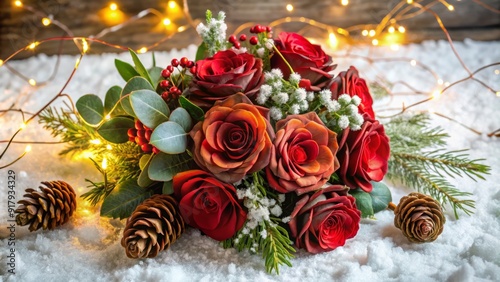 Vibrant red roses, eucalyptus, and festive pinecones combine in a beautiful, rustic Christmas bouquet, adorned with twinkling fairy lights and ribbons, against a snowy white backdrop. photo