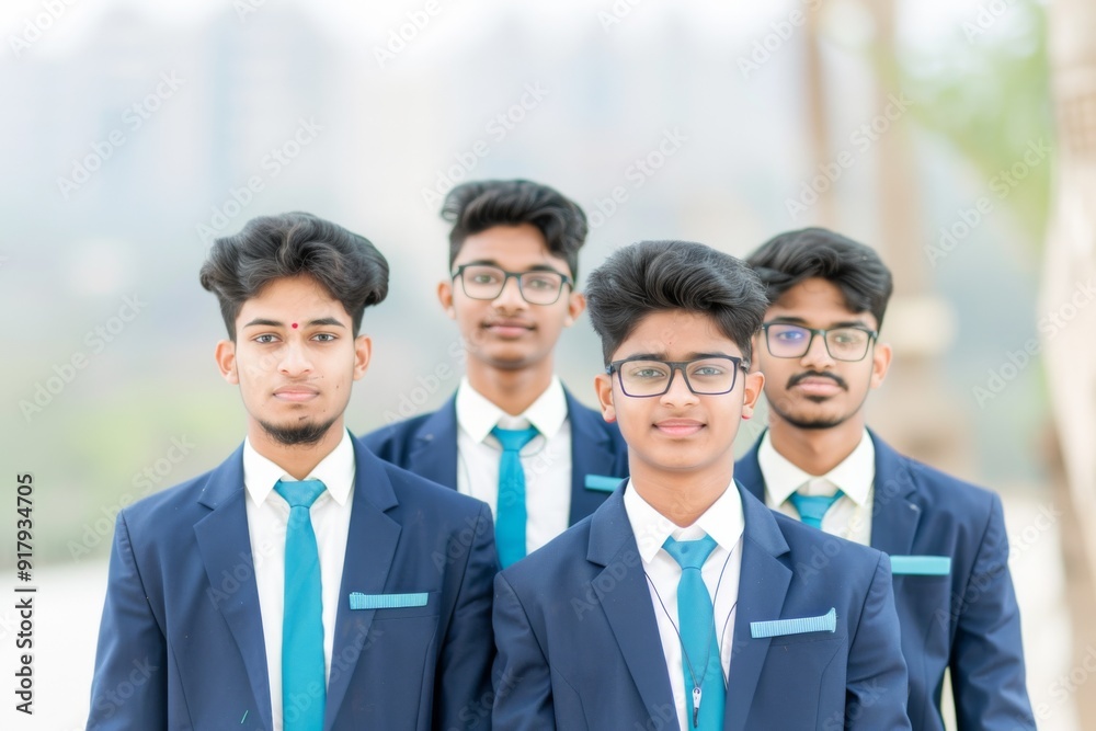 Diverse Group of Young Men in Suits Posing Together Outdoors Diverse Group of Young Men in Suits Posing Together Outdoors