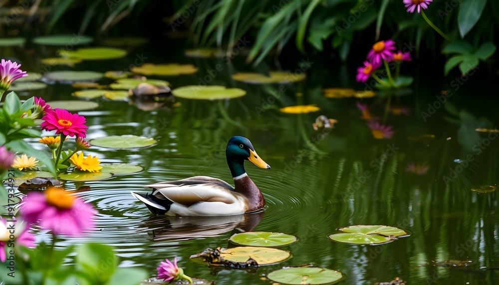 Fototapeta premium Duck Swimming in Pond with Flower Reflections