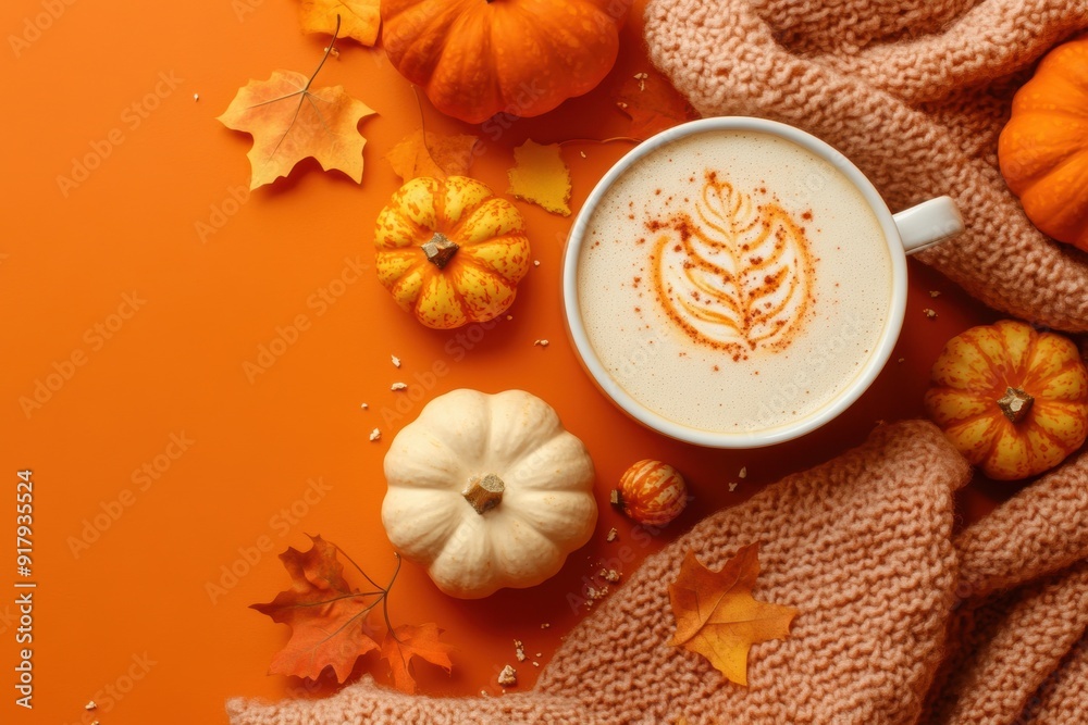 custom made wallpaper toronto digitalCozy autumn coffee with pumpkin leaves on orange background