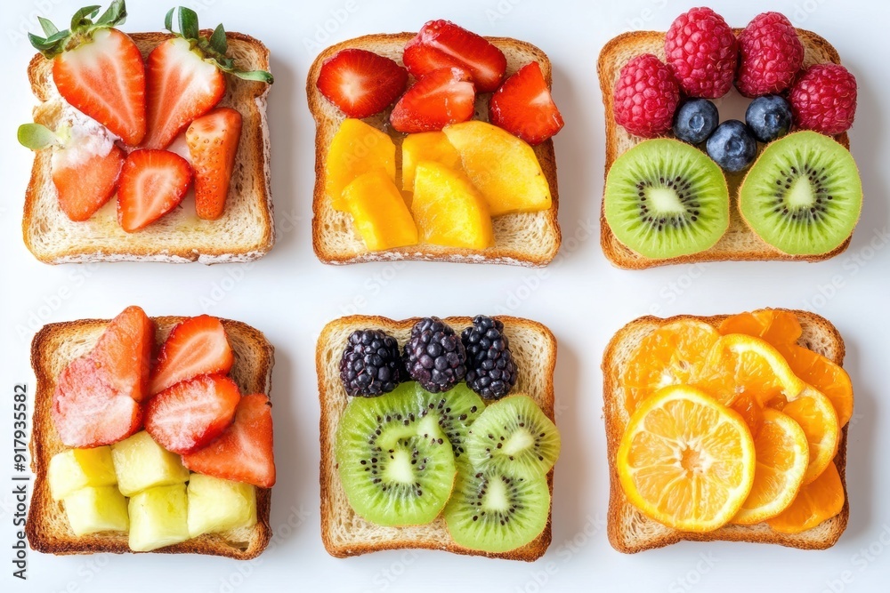 Colorful fruit toasts arrangement on white background Colorful fruit toasts arrangement on white background