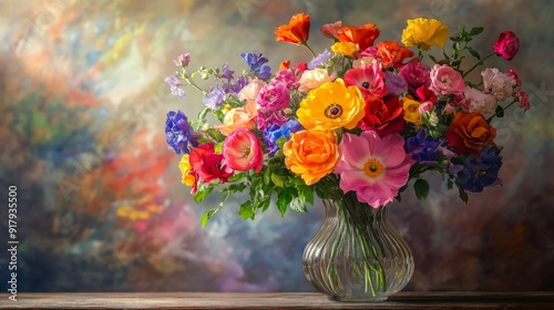 Wallpaper Mural Vibrant floral arrangement in a glass vase with colorful flowers against a blurred artistic background, perfect for spring and summer themes. Torontodigital.ca