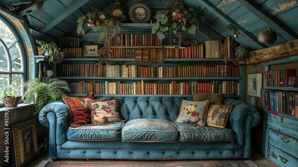 a couch with books on shelves. a couch with books on shelves.