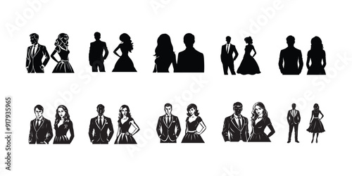 Different pose of couple in full black silhouette white background