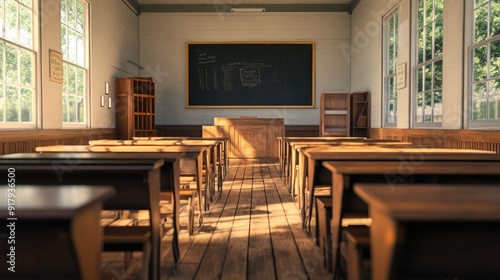 A classic school classroom with wooden floors, rows of wooden desks, and a blackboard at the front, bathed in natural light.