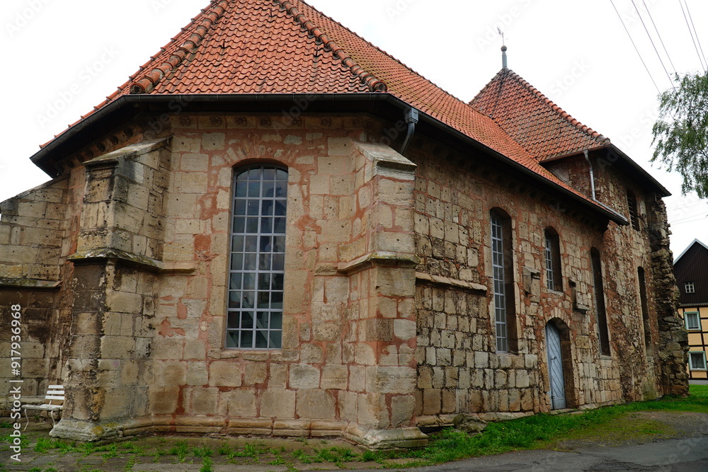 The St. Marien or Rose Church in the small village Elende. It was built in 1419 as a large pilgrimage church dedicated to the Virgin Mary. Elende Bleicherode, district Nordhausen in Thuringia, Germany The St. Marien or Rose Church in the small village Elende. It was built in 1419 as a large pilgrimage church dedicated to the Virgin Mary. Elende Bleicherode, district Nordhausen in Thuringia, Germany
