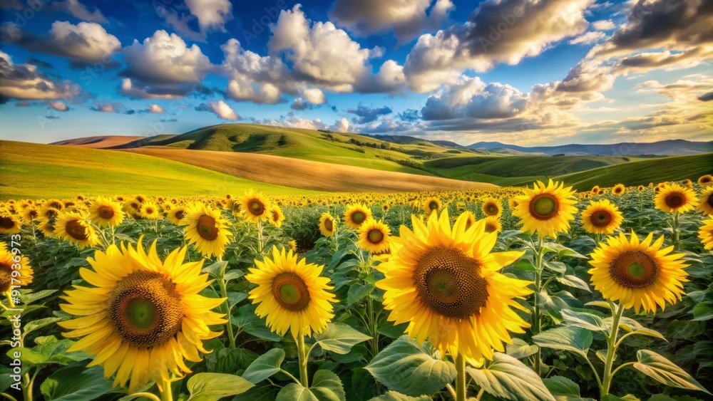 Vibrant yellow sunflowers stand tall amidst a serene landscape of rolling hills, vast blue sky, and wispy clouds, evoking feelings of warmth and tranquility. Vibrant yellow sunflowers stand tall amidst a serene landscape of rolling hills, vast blue sky, and wispy clouds, evoking feelings of warmth and tranquility.