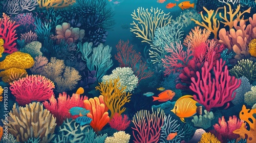 Fototapeta Naklejka Na Ścianę i Meble -  A colorful and detailed coral reef illustration, arranged in a seamless pattern showcasing the diversity of marine life.
