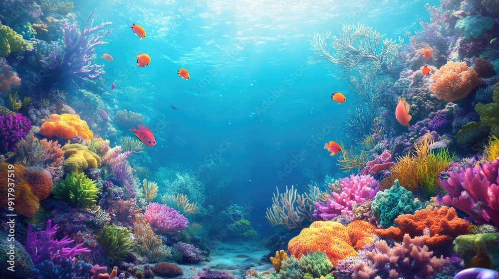 Naklejka premium A coral reef ecosystem in the sea, filled with vibrant colors and diverse marine creatures.