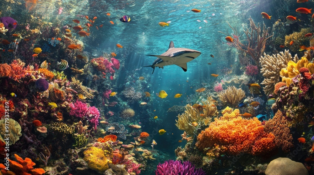 Naklejka premium A coral reef filled with vibrant tropical fish, with a shark adding a touch of excitement to the underwater landscape.