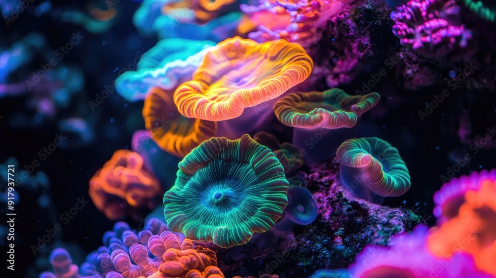 A coral reef tank illuminated by ultraviolet light, showcasing the vibrant colors and textures of the corals. A coral reef tank illuminated by ultraviolet light, showcasing the vibrant colors and textures of the corals.