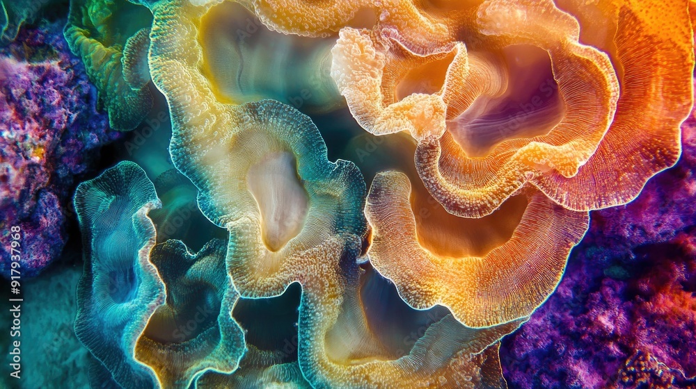 Naklejka premium A detailed macro view of coral reef textures, with vivid colors and intricate patterns that form a stunning abstract marine scene.