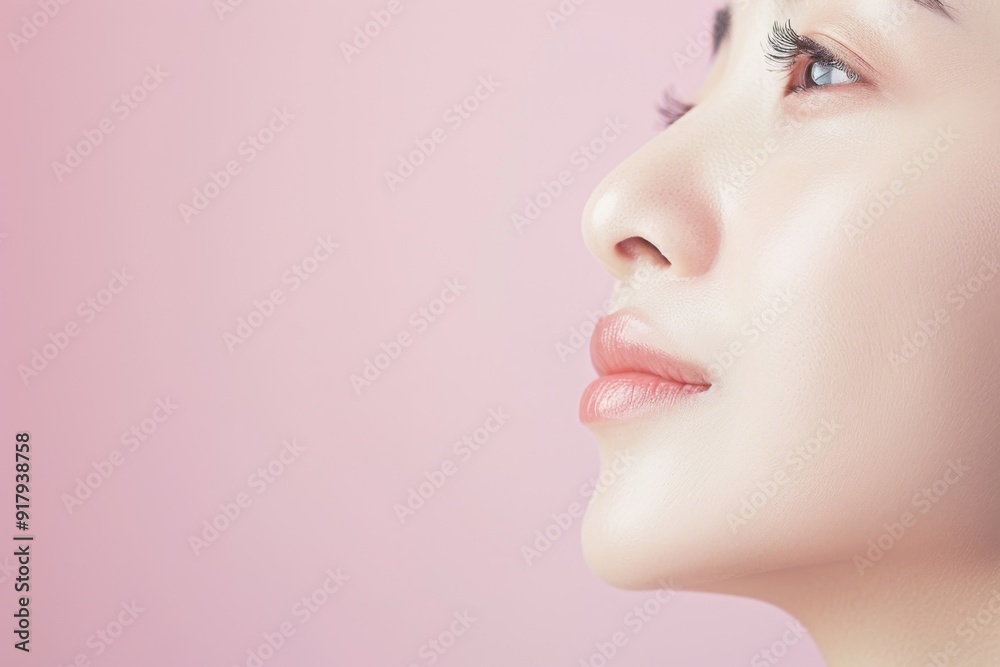 Serene Asian Woman Profile with Flawless Skin on Pastel Pink Background Serene Asian Woman Profile with Flawless Skin on Pastel Pink Background