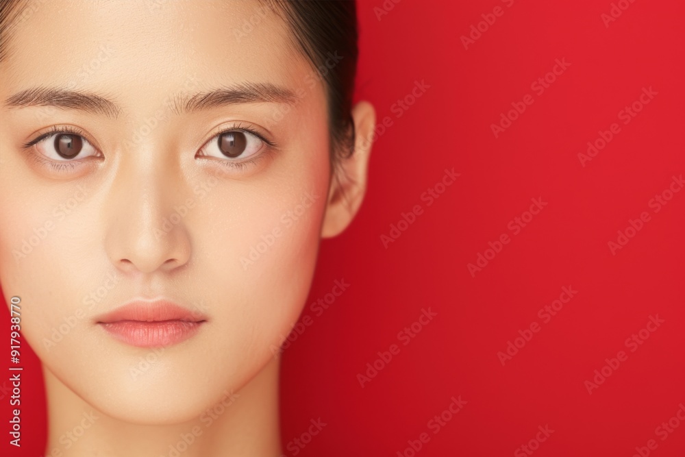 Naklejka premium Serene Asian Beauty Portrait with Elegant Simplicity on Red Background