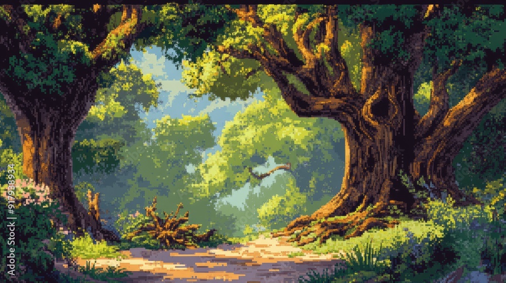A magical woodland scene, with giant trees, vibrant vegetation, and a sense of enchantment and mystery in the air. A magical woodland scene, with giant trees, vibrant vegetation, and a sense of enchantment and mystery in the air.