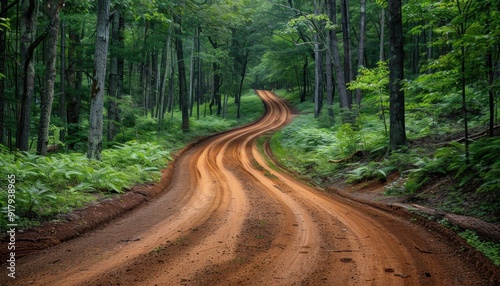 Fototapeta Naklejka Na Ścianę i Meble -  Winding dirt road leading through lush green forest